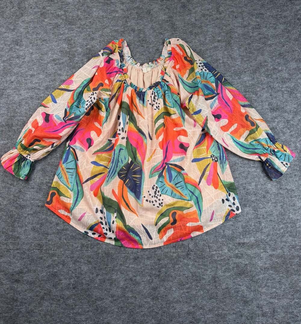 OTT Blouse Size L Multicolor Tropical Leaf Peasant Top